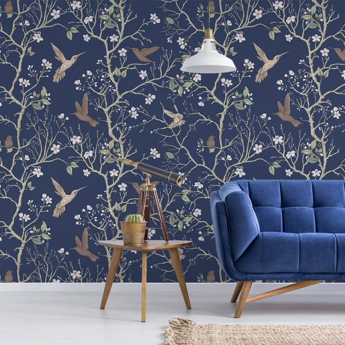 Derora - Självhäftande tapet med chinoiserie-träd, fåglar och blommor