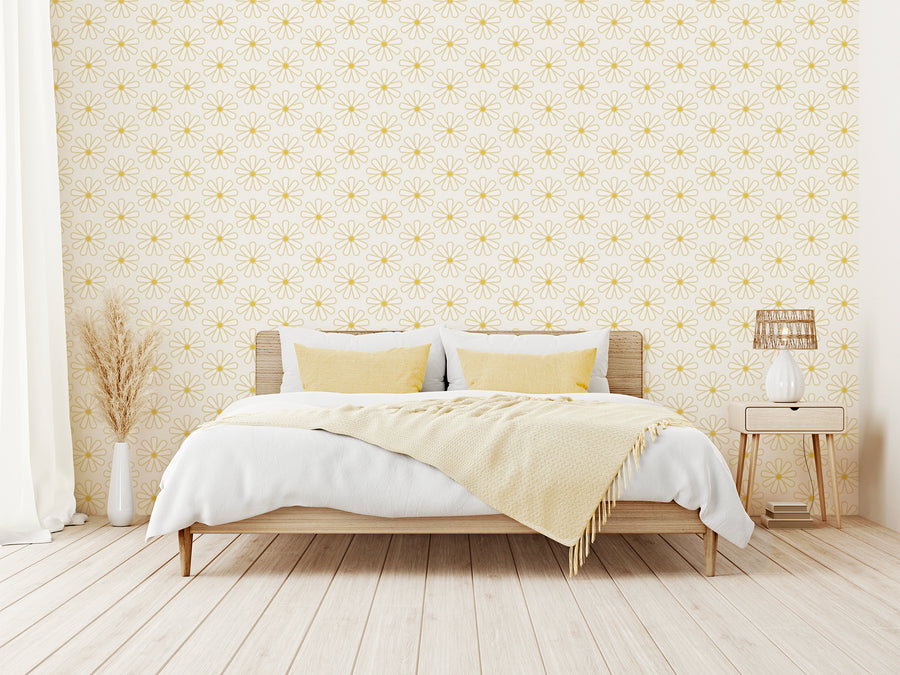 Tapeten Arleth med beige säng, beige växter och lampskärm