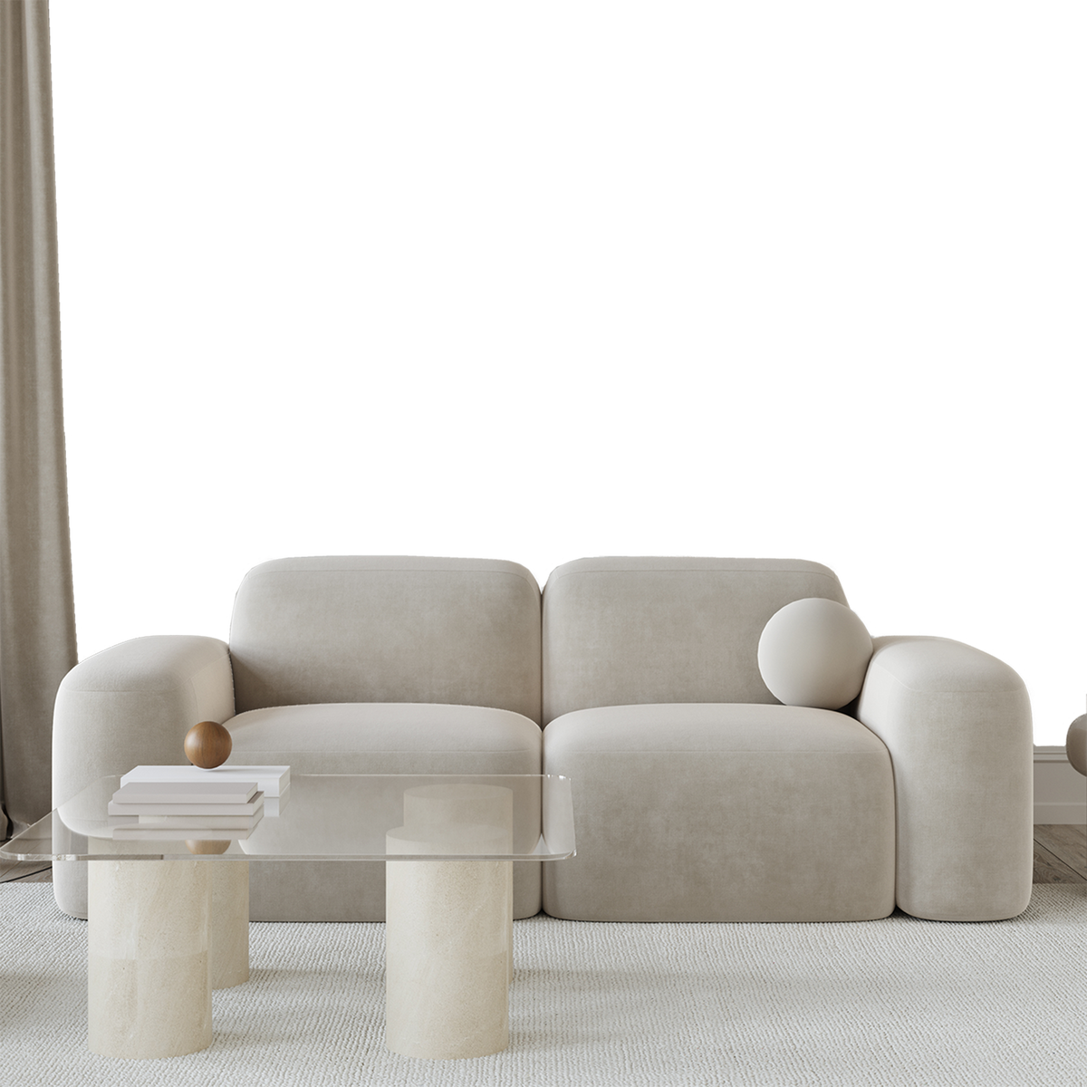 Vardagsrum med rundad modern soffa och glasbord – transparent