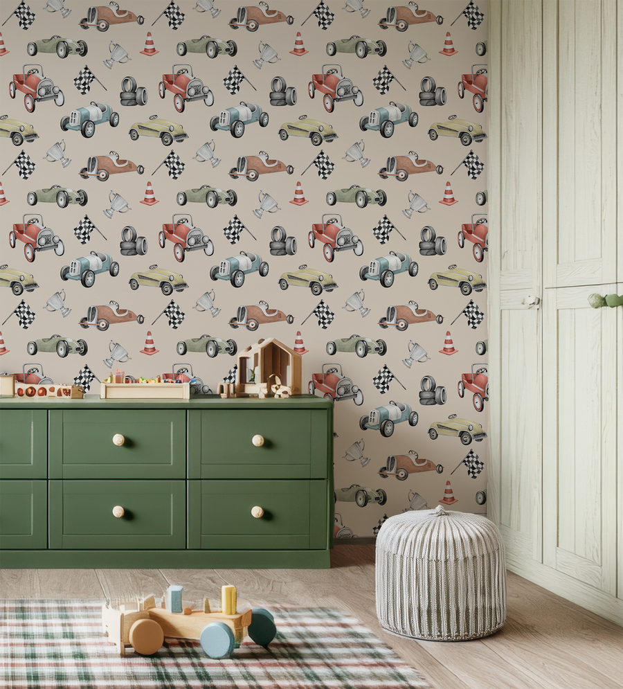 Rory - Tapet med racerbilar i vintagestil
