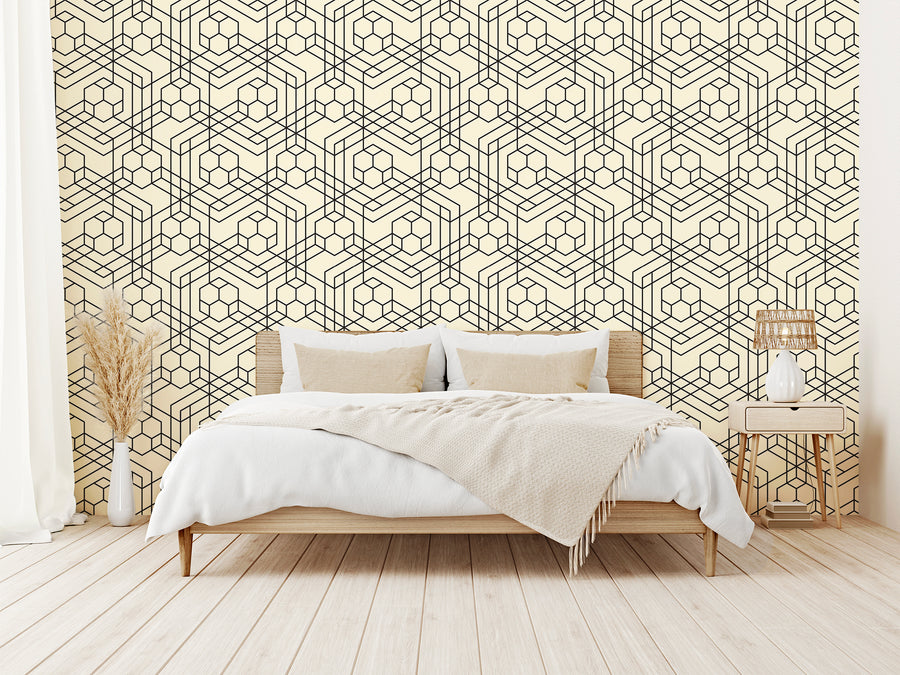 Vivienne – beige säng med beige växter och lampskärm