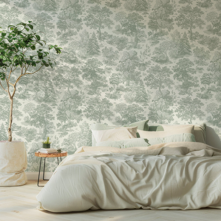 Ett sovrum med mjuka textilier och tapeten Willow, med vintageinspirerad skog av detaljrikt etsade granar i salviagröna toner på mjuk pastellgrön bakgrund i ett upprepat botaniskt mönster.