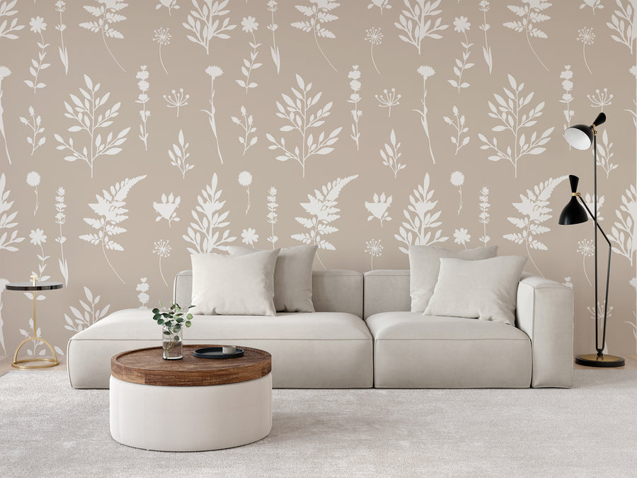 Dahlia – vardagsrum med vit soffa, soffbord och lampskärm