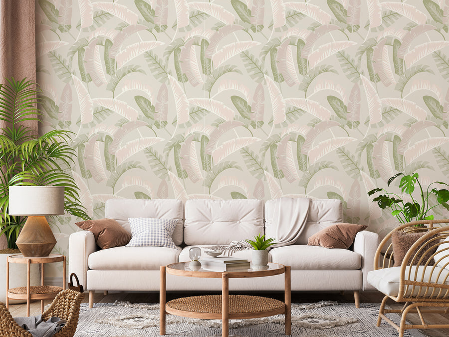 Marisol – beige soffa med massor av gröna växter